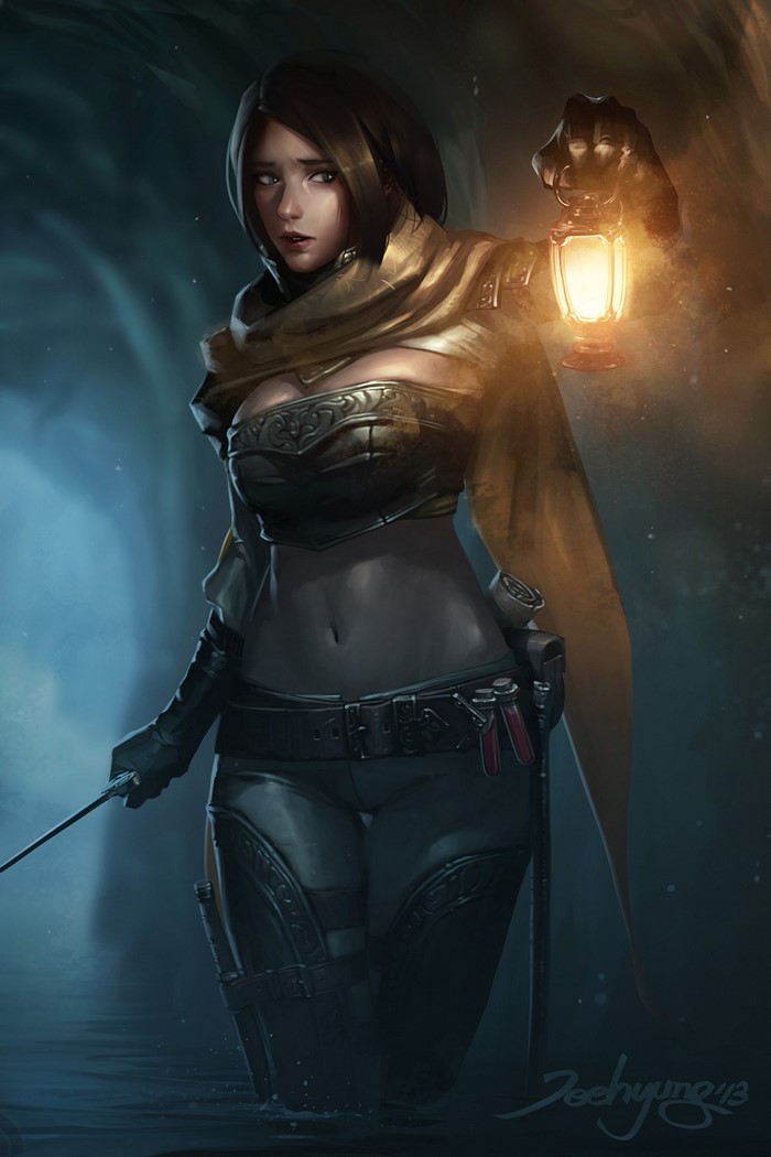 Fantasy warrior woman holding a lantern in a cave