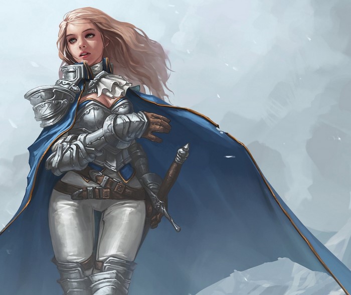 Fantasy female knight in armor with blue cape