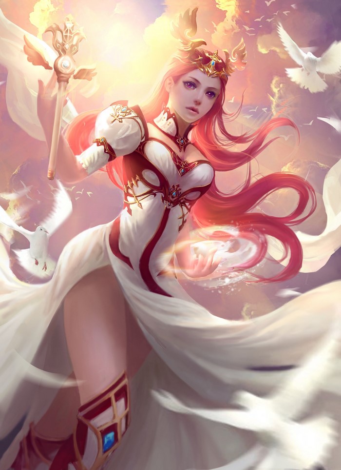Fantasy anime woman with pink hair and staff