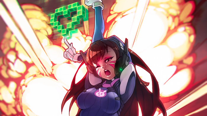 D.Va from Overwatch in front of explosions