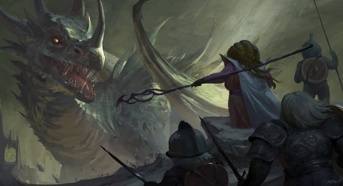 Fantasy art of a dragon fighting adventurers