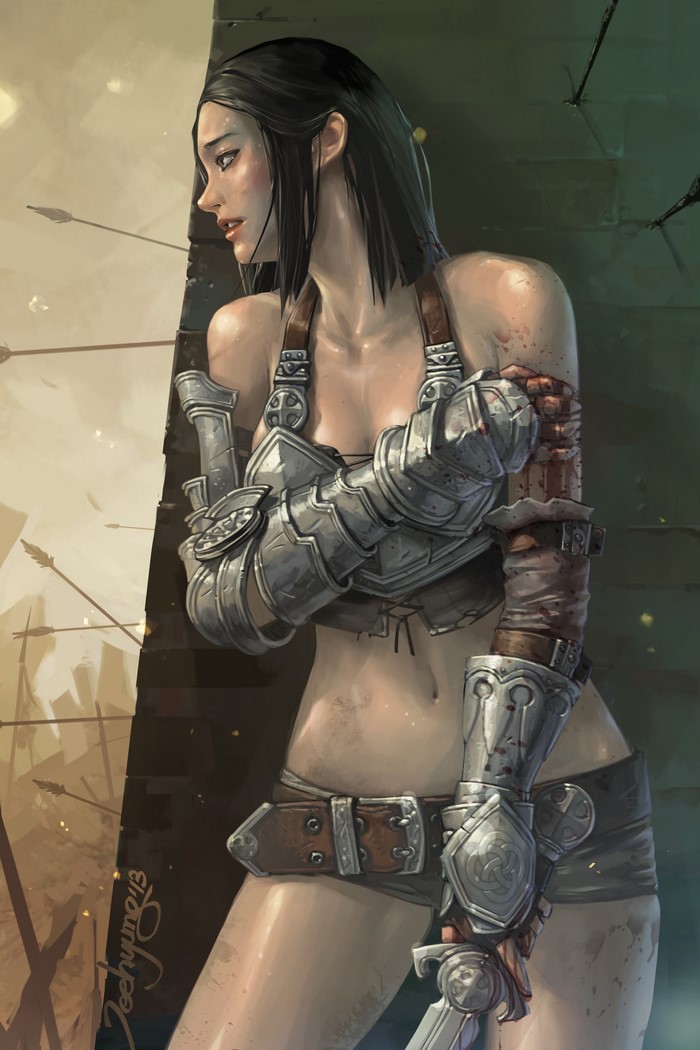 Woman warrior in armor with arrows in background