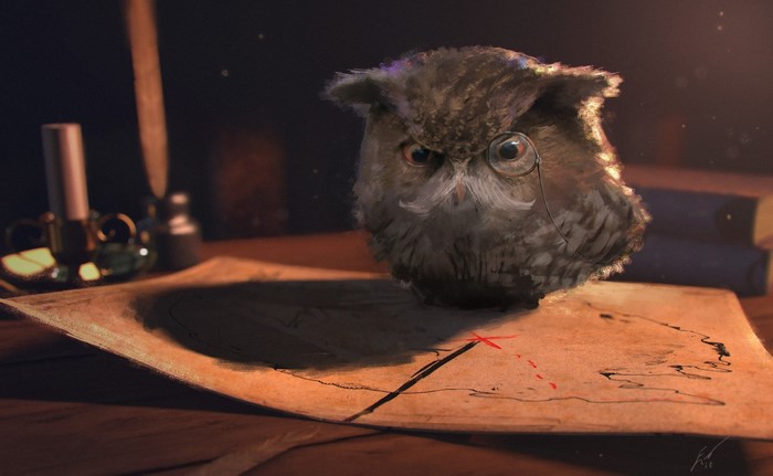 An owl with a monocle on a map