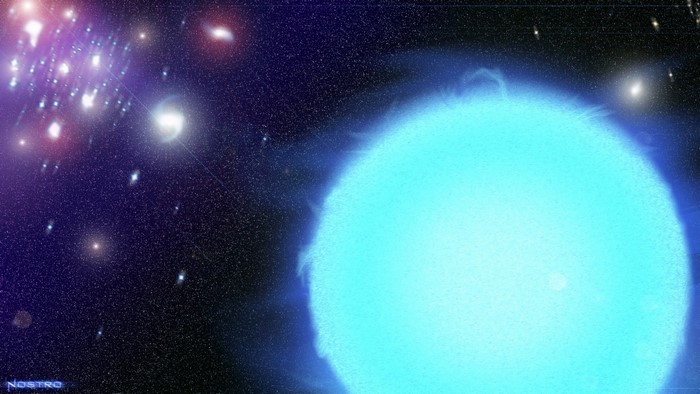 Bright blue star in outer space with distant stars