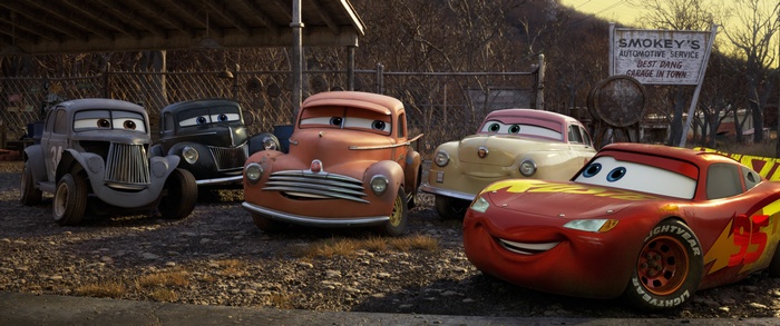 Lightning McQueen and friends at Smokey's Automotive Service