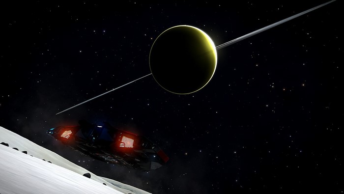 Spaceship near a ringed planet in Elite Dangerous