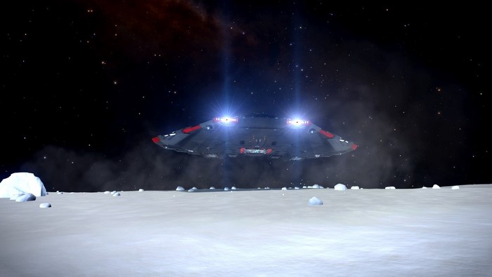Spaceship landing on a snowy moon in Elite Dangerous