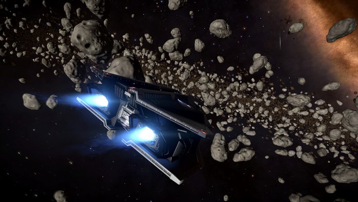 Vulture spaceship in an asteroid field in Elite Dangerous