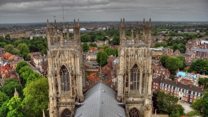 Aerial view of York Minster cathedral towers and city