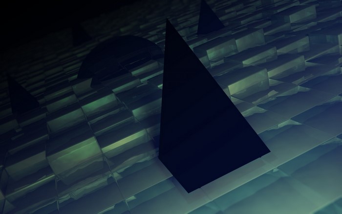Abstract dark pyramids and sphere on textured surface