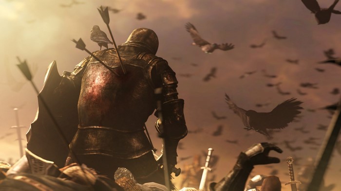Knight with arrows in armor surrounded by birds and dead soldiers