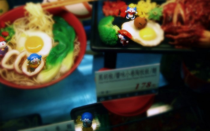 Doraemon figures on Japanese food display