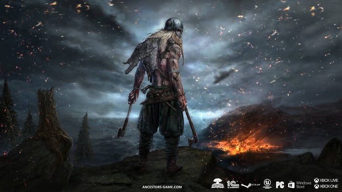 Viking warrior with axes in a fiery landscape