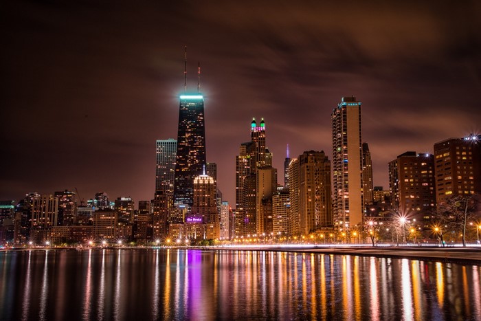 Chicago Skyline at Night with Water Reflections