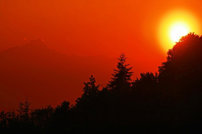 Sunset over silhouetted trees and mountains