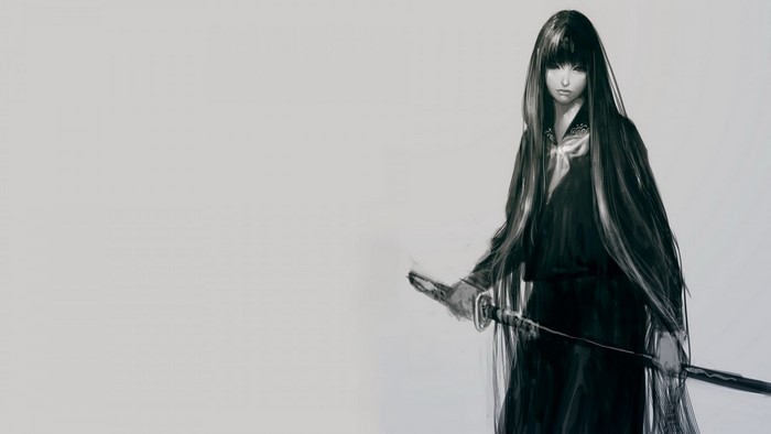 Monochrome drawing of a woman with long hair holding a katana