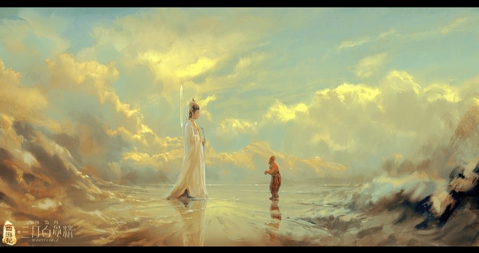 Monkey King and a woman in a fantasy landscape