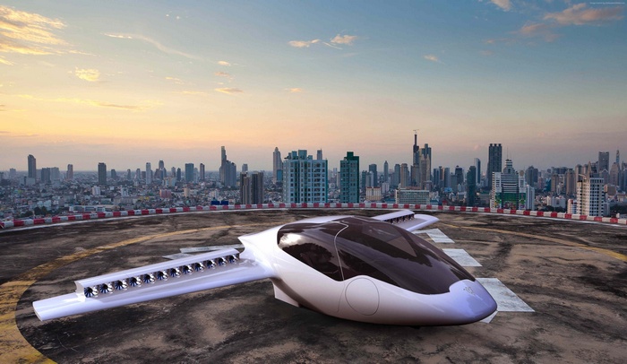 Lilium Jet on a helipad with city skyline