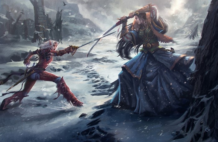 Merisiel from Pathfinder fighting in a snowy landscape