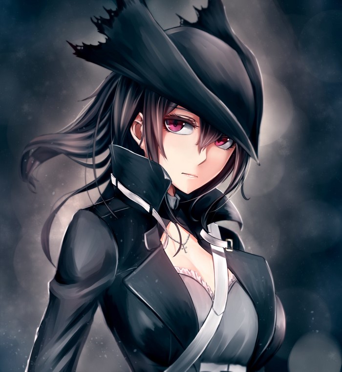 Anime girl with black hair and red eyes wearing a hat