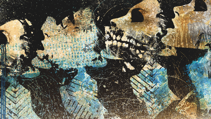 Abstract grunge painting with skull and profiles