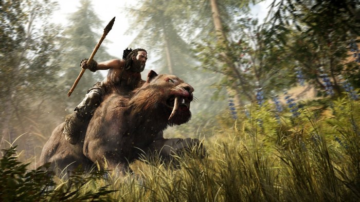 Man riding a saber-toothed cat in Far Cry Primal
