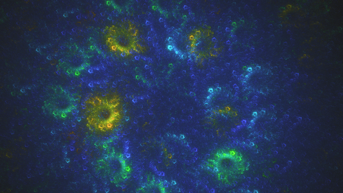 Abstract fractal art with blue, green, and yellow colors