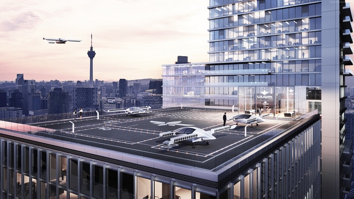 Lilium electric aircraft on a city rooftop helipad