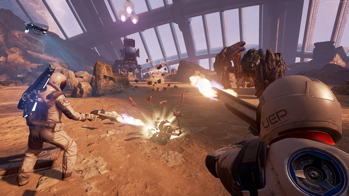 Farpoint VR game with astronauts fighting aliens