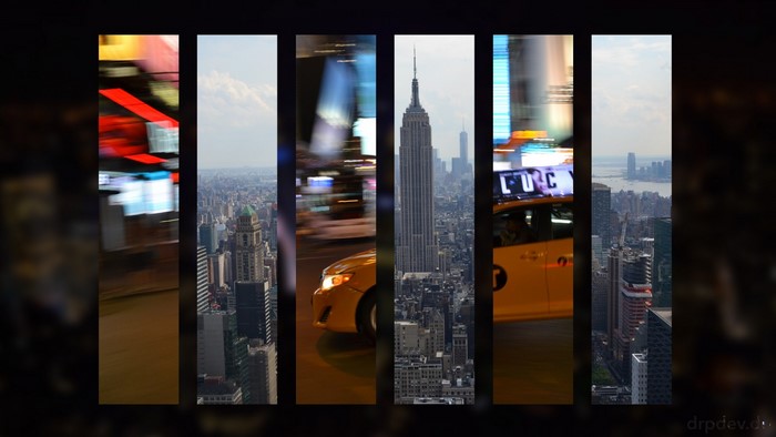 New York City skyline with taxis and billboards at night