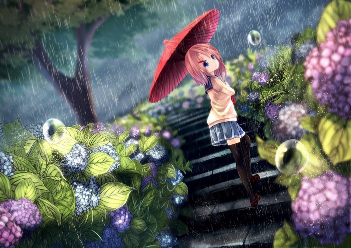 Anime girl with umbrella in the rain among flowers