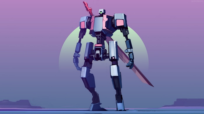 Battle robot with sword in desert landscape