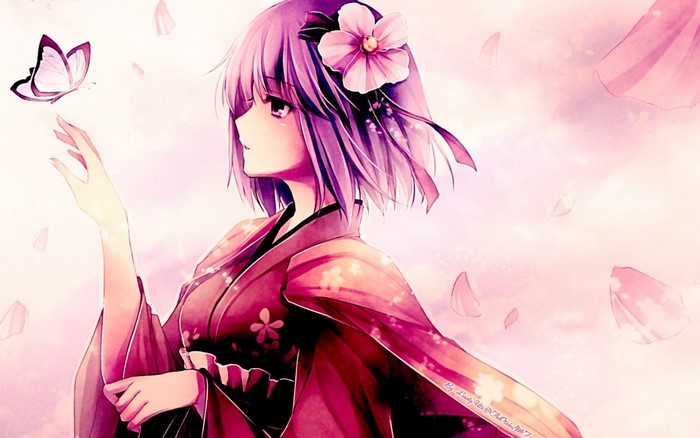 Anime girl with pink hair and butterfly