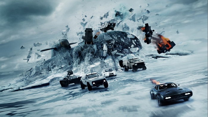 Cars and submarine in a snowy explosion from The Fate of the Furious