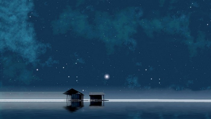 Night sky with stars over water and huts