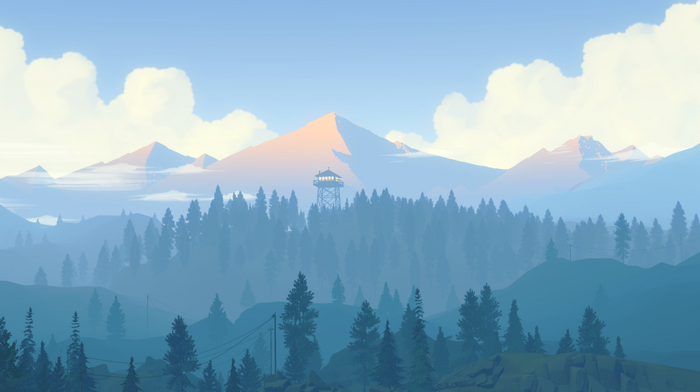 Firewatch game screenshot with mountains and forest