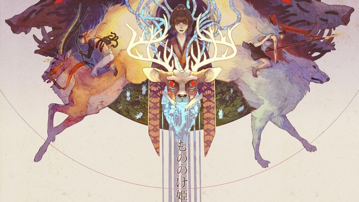 Princess Mononoke artwork with deer and wolf spirits