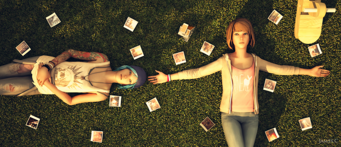 Max Caulfield and Chloe Price from Life Is Strange lying on grass with photos