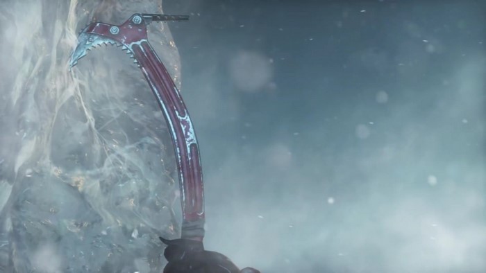 Lara Croft from Tomb Raider climbing ice with ice axe