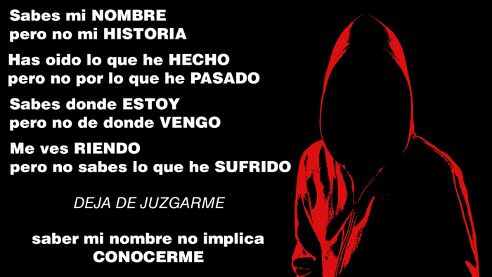 Anonymous figure in a hoodie with Spanish text