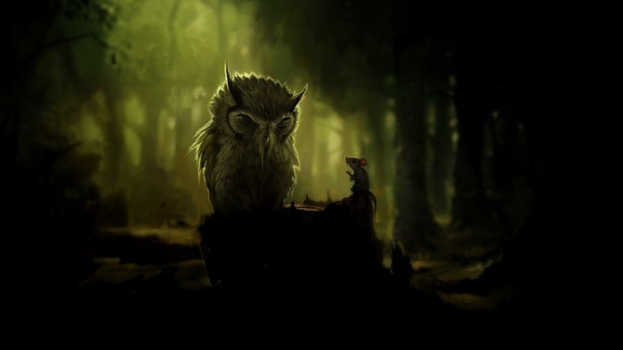 Owl and mouse in a dark forest