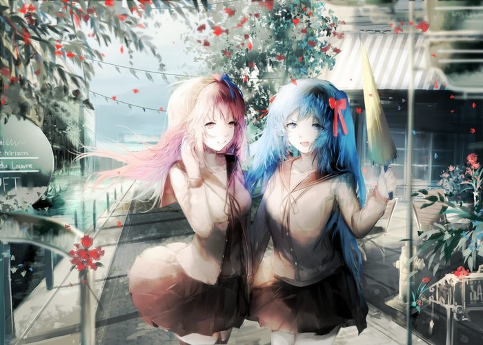 Anime girls with pink and blue hair