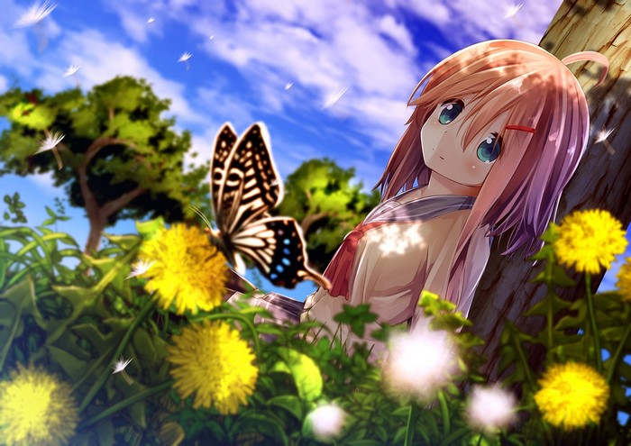Anime girl with butterfly and dandelions