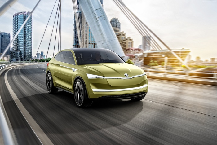 Skoda Vision E concept electric car on a bridge