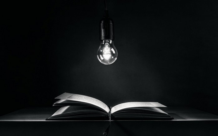 Monochrome Light Bulb Illuminating Open Book