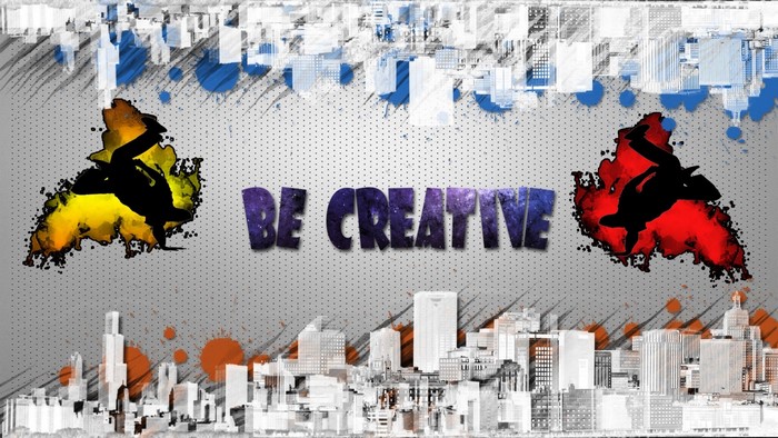 Be Creative illustration with city skyline and dancers