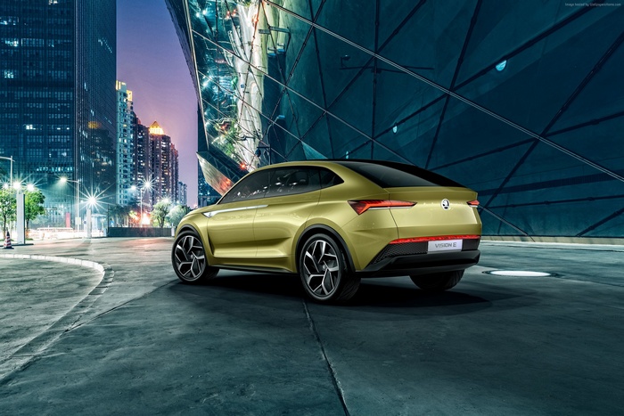 Skoda Vision E concept electric car at night