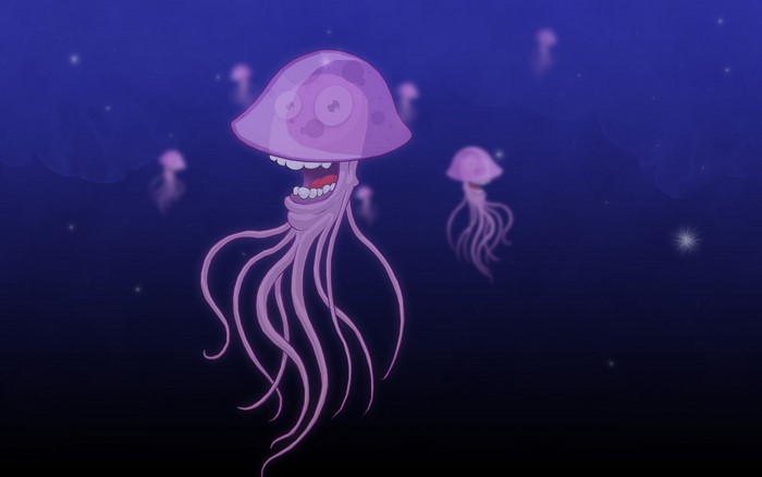 Cartoon jellyfish swimming in a dark blue ocean