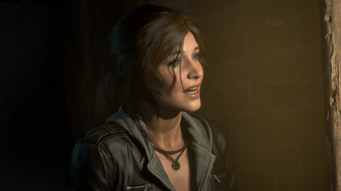 Lara Croft from Tomb Raider in a dark room