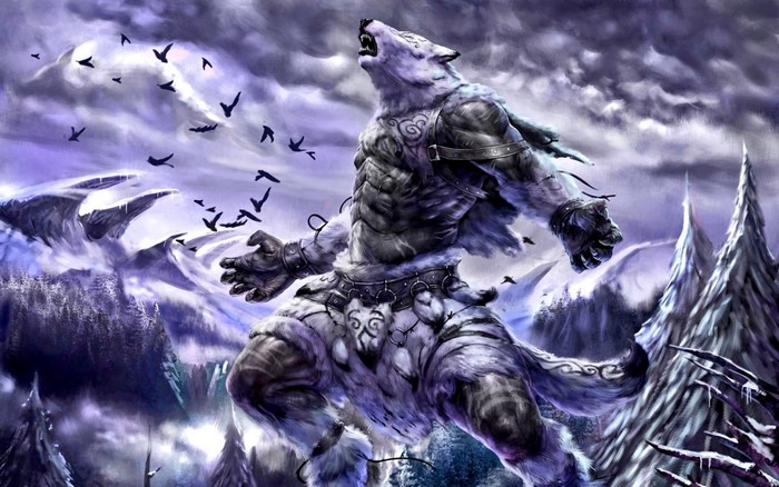Werewolf howling in a snowy mountain landscape with birds